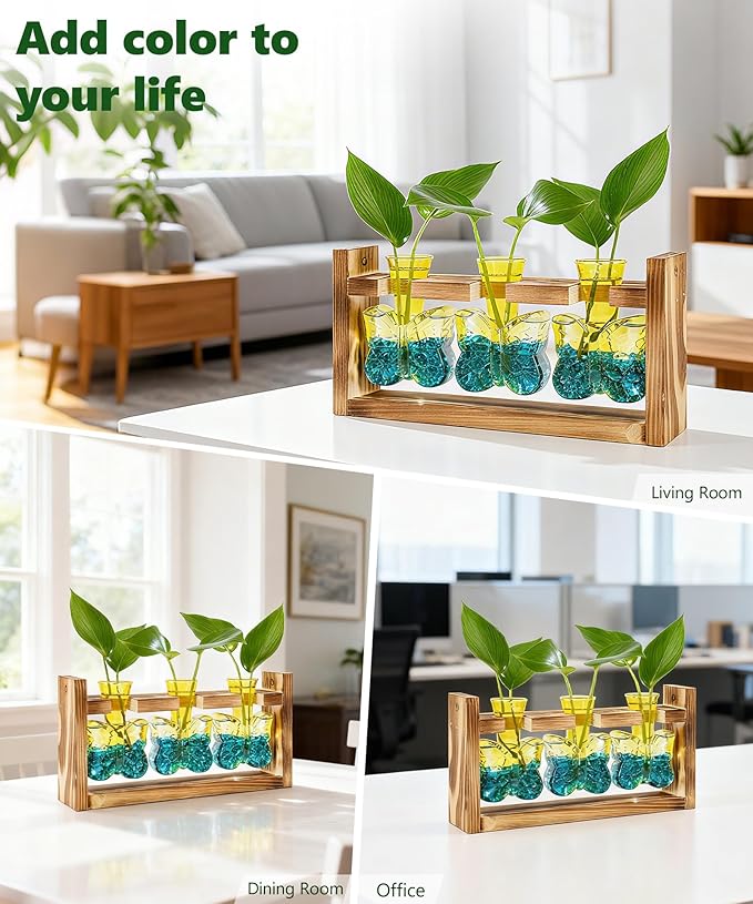 Nacome Plant Terrarium with Wooden Stand,Butterfly-Shaped Glass Vase Planter Propagation Station for Home Office Decor,Unique Gifts for Plant Lovers Women Mom(Yellow)