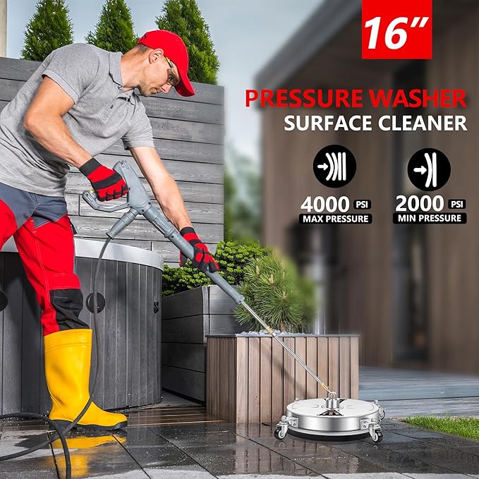 16" Pressure Washer Surface Cleaner Pro with 4 Wheels, Stainless Steel Surface Cleaner for Pressure Washer, 2 Extension Wands, Power Washer Surface Cleaner for Concrete Driveway, 3000 PSI