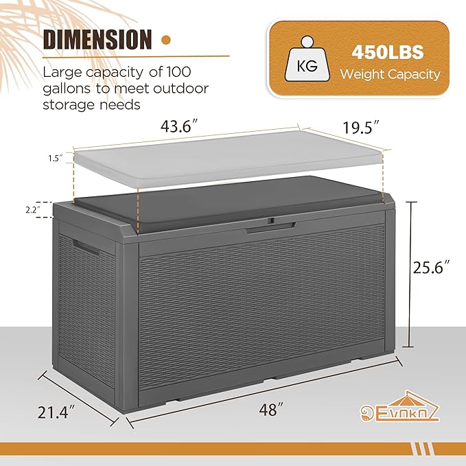 Devoko 100 Gallon Waterproof Large Resin Deck Box Outdoor Storage Box Indoor Lockable Storage Container with Cushion for Patio Furniture Garden Pool Cushions (Grey)