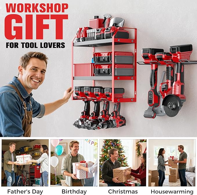 Power Tool Organizer Wall Mount with Extra Drill Holder, Red & Black Garage Storage Combo with Battery Storage, 4 Drill Slots Total, Heavy Duty Steel Tool Rack for Workshop Garage
