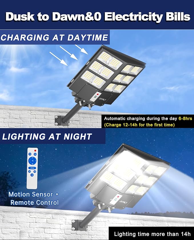 JAYNLT Y-2000W Solar Street Light, 200000LM 6500K Outdoor Dusk to Dawn, IP67 Waterproof Solar Security Light with Motion Sensor and Remote Control for Garage, Road