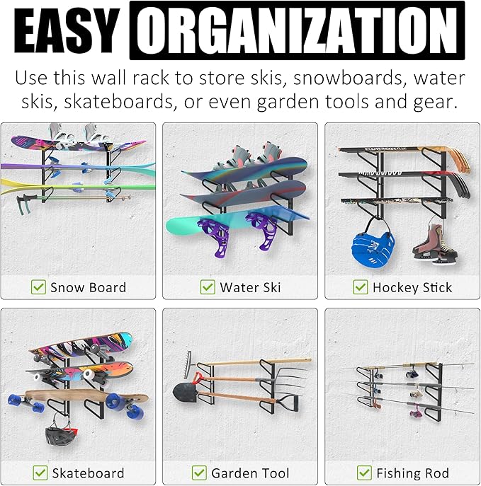 UNITEDPOWER Ski Storage Rack, Wall Mounted Snowboard Organizer Shelf, Wall Display Hanger Holds Up 3 Pairs of Skis and Poles, Garage, Home, Shed