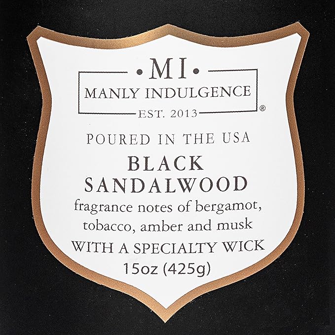 Manly Indulgence Black Sandalwood Scented Candle for Men 15 oz – Bergamot, Tobacco, Amber & Musk - Wood Wick - Up to 60 Hours Burn - Soy Blend Wax, USA Poured – Signature Collection