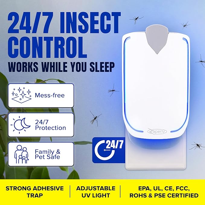 2 Fruit Fly Traps & 10 Adhesive Cartridges, Indoor Plug-in Bug Catcher, UV Light Fly Trap Captures Fruit Flies, Gnats, Houseflies, Moths, and Flying Insects for Kitchen, Bathroom, Plant Areas