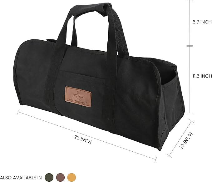 WHITEDUCK TUFF Large Firewood Carrier 21 Oz. Heavy Duty Waxed Canvas Log Carrier Holder for Fireplace, Carrying Wood Indoor & Outdoor (Black, Tote Shape (23"x10"x12"))