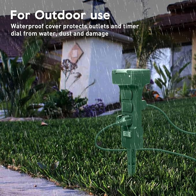 Outdoor Power Stake Timer, 24 Hour Light Timers with Remote Control, 6 Outlet Countdown Yard Stake Timer for Halloween Christmas Holiday Lights, 6ft Extension Cord, UL Listed