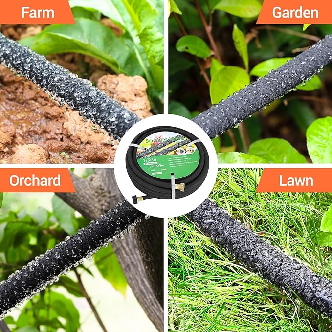 MAMIZO Soaker Hose 100 ft 1/2", Solid Brass Connectors Rubber Longer Lasting, Heavy Duty Drip Hose to Save 70% Water, Soaker Hose for Garden, Lawn and Yard