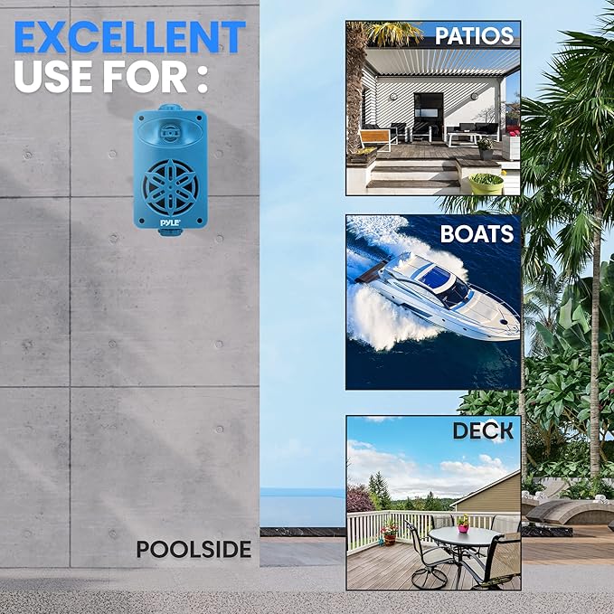 PyleUsa Indoor Outdoor Speakers Pair - 200 Watt Dual Waterproof 3.5” 2-Way Full Range System w/ 1/2” High Compliance Polymer Tweeter - in-Home, Boat, Marine, Deck, Patio, Poolside (Blue) - PDWR35BL