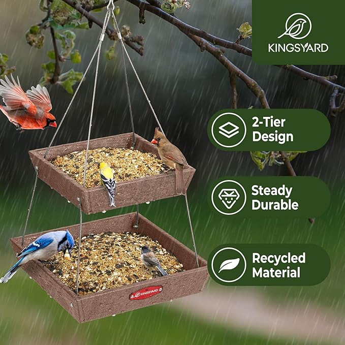 Kingsyard 2 Tier Platform Bird Feeder for Outdoors Hanging, Recycled Plastic Flat Bird Feeder Tray with Large Capacity 5 lbs, Garden Decoration Attracting Wildbirds, Brown