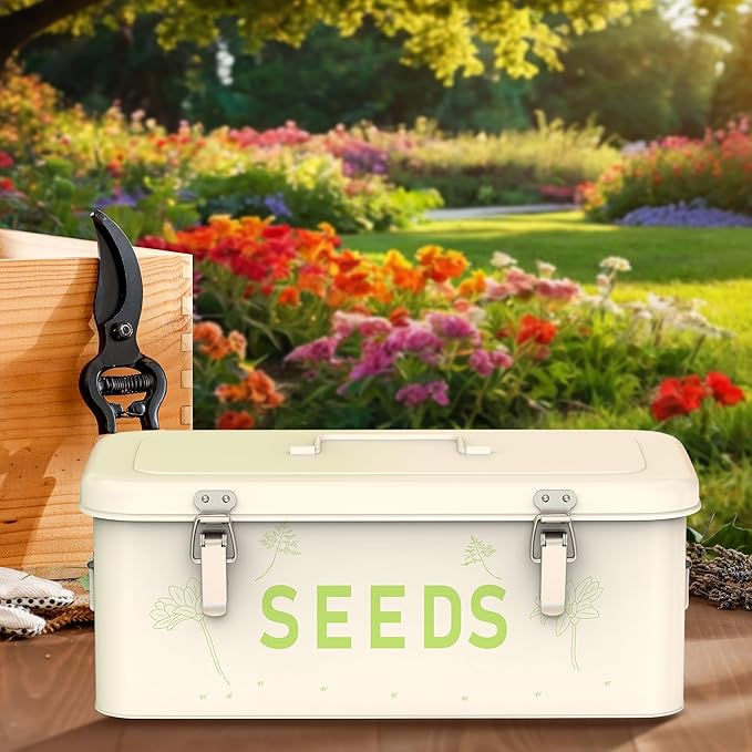 Orionstar Seed Storage Organizer, Metal Seed Saving Box with Lid, Seed Bin with 30 Plant Labels 30 Seed Envelopes 1 Marker Pens, 4 Compartments Box with Safety Locks, White