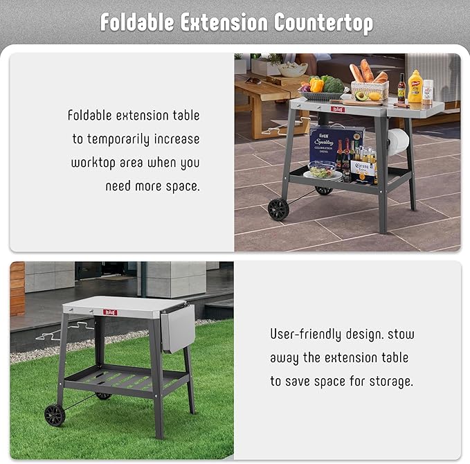 Outdoor Grill Cart, Pizza Oven Table with Wheels, Stainless Steel Countertop with Foldable Extension Table, Versatile Food Prep Grill Cart for Outdoor BBQ Cooking Gathering