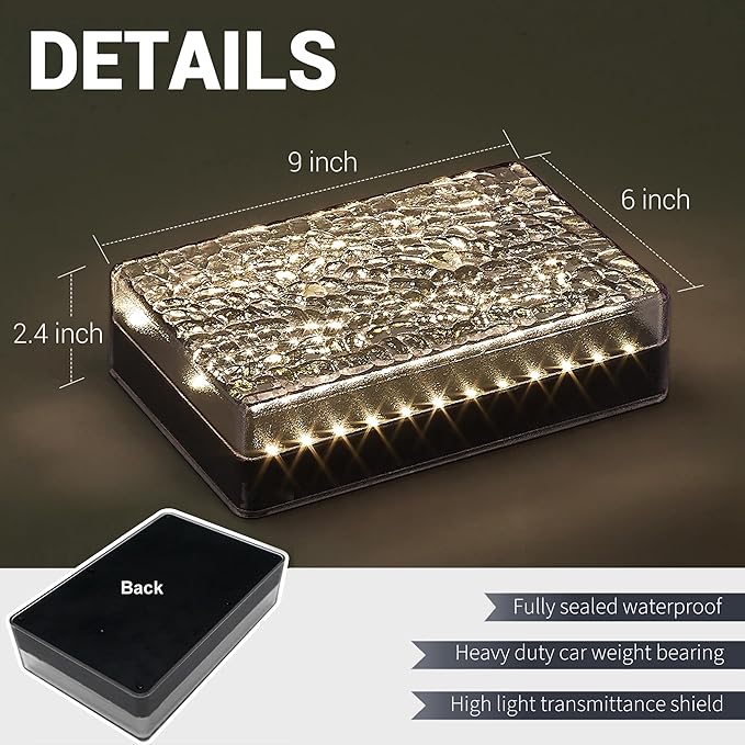 Solar Paver Outdoor Lights, 6x9 Recessed Brick Light, Heavy Duty IP67 Waterproof LED, Landscape Lighting for Ground, Pool, Garden, Driveway (Warm White, 6Pack)
