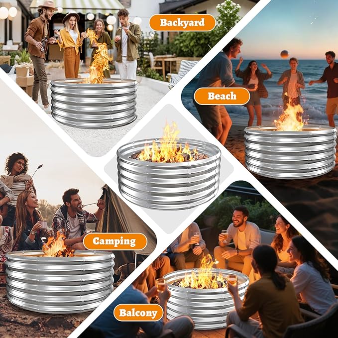 Metal Fire Pit Ring/Bonfire Fire Ring- 40 Inches Diameter, 0.8 MM Thick,1.5 ft High, Durable and Stylish for Outdoor Fire Pits,Patios and Camping (Silver, 3.3X3.3X1.5 ft)