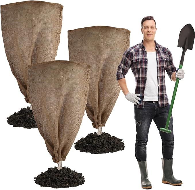 3 Pack 24'' x 40'' Reusable Warm Burlap Winter Plant Cover Bags with Drawstring Burlap Plant Covers Freeze Protection Large Plant Frost Cloth Cold Freeze Blanket Protecting Fruit Tree Potted Plants