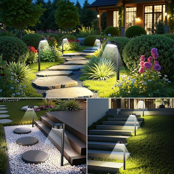 2 Pack Solar Pathway Lights Outdoor, 12 Brighter LED Solar Lights Outdoor Waterproof, Up to 12 Hrs Modern Path Light for Yard Garden Walkway Driveway Lawn, Cool White