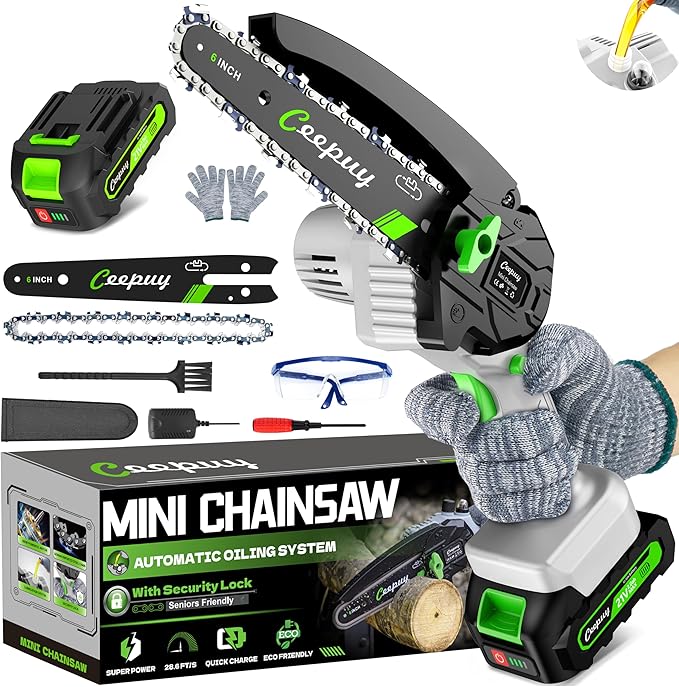 Mini Chainsaw Cordless,[2025 Upgraded] 6 Inch Portable Electric Chain Saw w/Automatic Oiler/Battery Powered Small Handheld Saw w/Security Lock Trees Branches Trimming,Wood Cutting.