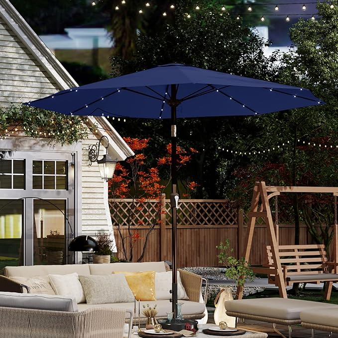 10FT Solar Umbrella 32 LED Lighted Patio Umbrella Table Market Umbrella w/Tilt and Crank, UV-Resistant Outdoor Umbrella for Pool, Garden, Deck, Navy Blue