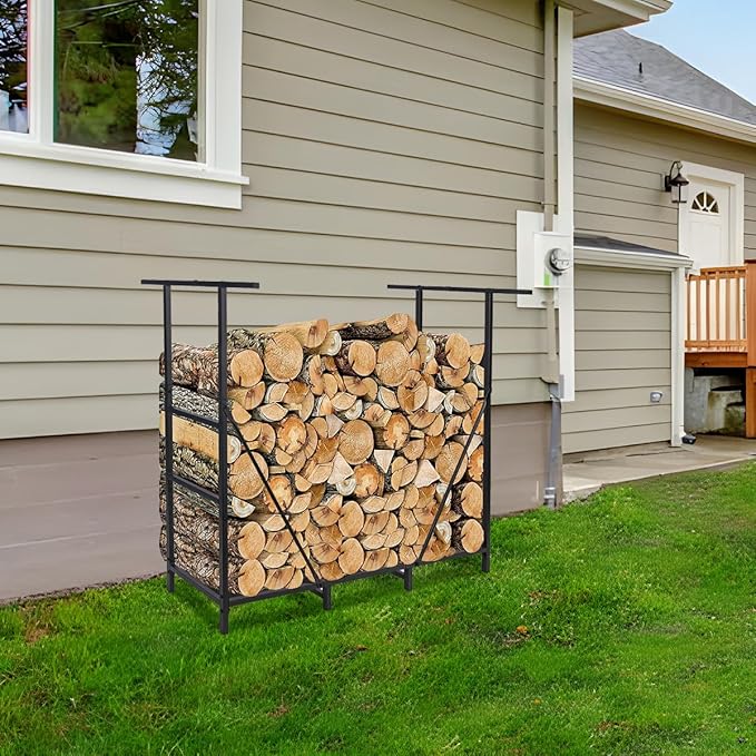 Vailge Firewood Rack Outdoor 4FT with Waterproof Firewood Carrier Bag, Adjustable Heavy Duty Steel Firewood Holder Storage, Log Rack for Fireplace, Fire Pit, Backyard, Camping