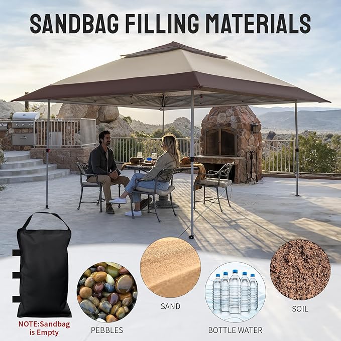 CROWN SHADES 13x13 Pop Up Gazebo, Canopy Tent, Gazebos on Clearance - Outdoor Gazebo for Backyard & Patio Furniture - Carpa Pop Up Tent with Wheeled STO-N-Go Cover Bag (Beige & Coffee)