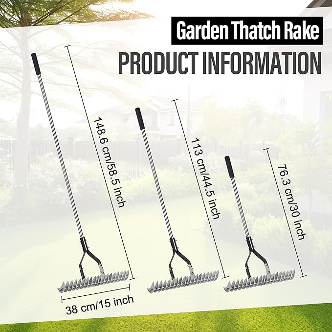 Thatch Rake - 15-Inch Wide Adjustable Handle Thatching Rakes, Adjustable Rake Head Weed Tool, Weed rake for Removing Dead Grass, Combing Lawn & Aerating Garden Soil