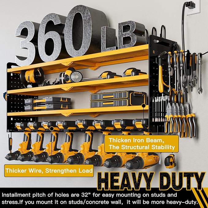 Power Tool Organizer Wall Mount with Charging Station, 8 Drill Holder, 4 Layer Storage Rack for Garage Organization, Tool Holder with 8 Outlet Power Strip (Yellow)