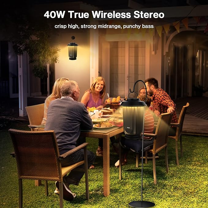 Olafus Outdoor Bluetooth Speakers 2 Packs, 40W True Wireless Stereo Patio Speaker Dual Pairing Lantern Speaker, 20 Warm White LED, Rich Bass for Garden Yard Camping