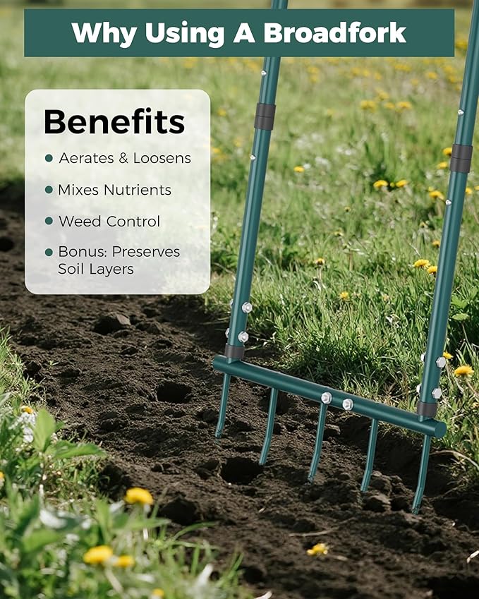 Broadfork Garden Tool, Pitch Fork 5 Tines Hand Tiller, Garden Fork with Ergonomic U-Shaped Design, Pitchfork for Gardening, Cultivating, Aerate Clay Soil for Farm