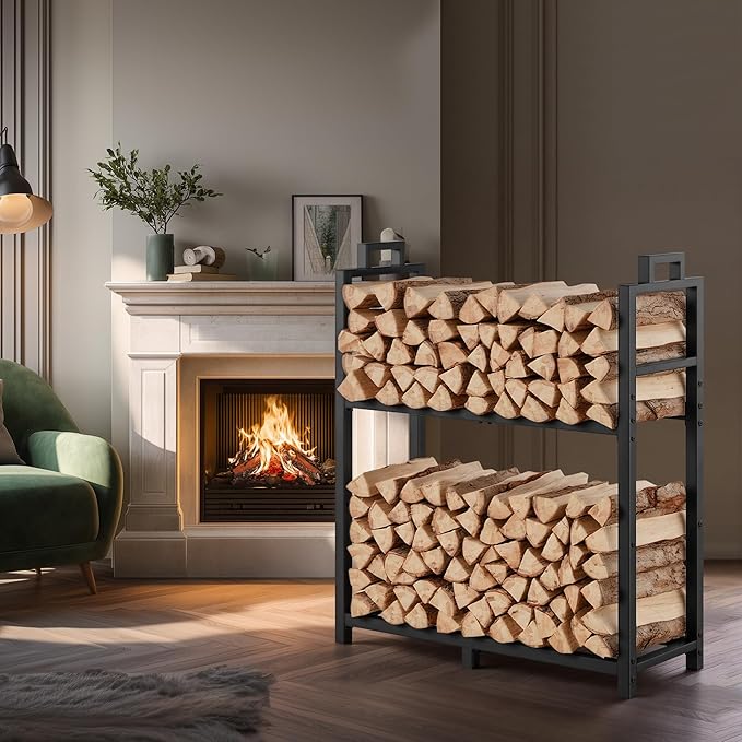 30 Inch Firewood Rack with Log Carrier Bag, Indoor Double-layer Fire Wood Holder with handles, Metal Heavy Duty Log Holder, Rustproof Firewood Storage Tool for Fireplace Patio Deck