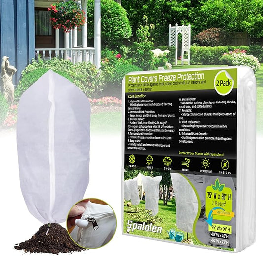 2 Pack Plant Covers Freeze Protection, 75"W x 90"H Winter Frost Blanket 2.36 oz/yd² Fabric Frost Cloth Tree Covers Shrub Jacket Bag with Zipper & Drawstring for Plants Fruit Tree Shrub Potted - White