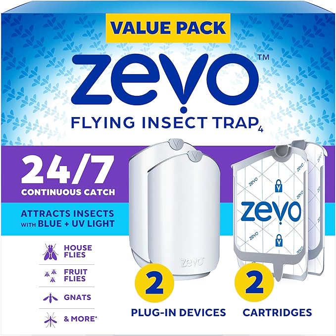 Zevo 2 Flying Insect Traps & 2 Refill Cartridges - Plug in Fly Trap & Indoor Bug Catcher for Gnats, House & Fruit Flies - Blue & UV Light Technology, Mess-Free Alternative to Bug Zapper