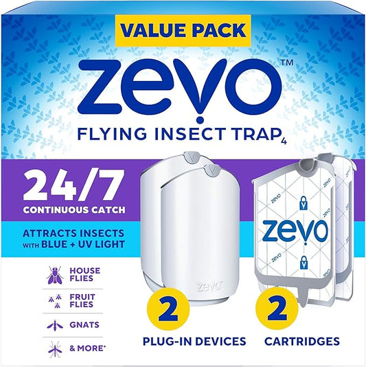 Zevo 2 Flying Insect Traps & 2 Refill Cartridges - Plug in Fly Trap & Indoor Bug Catcher for Gnats, House & Fruit Flies - Blue & UV Light Technology, Mess-Free Alternative to Bug Zapper