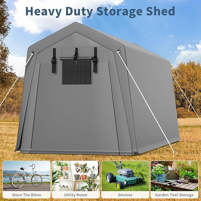 Garvee 7'x12' Outdoor Portable Storage Shed, Waterproof & UV-Resistant Garage Shelter with 2 Roll-Up Zipper Doors, Anti-Snow Carport Tent for Motorcycle, Bike, and Outdoor Equipment, Gray