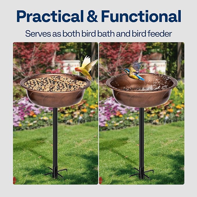 VIVOHOME Polyresin Bird Bath Bowl with Metal Stake, 29 Inch Height Outdoor Freestanding Birdfeeder, Capacity 1.4 Gallons, 5-Pronged Base, Bronze
