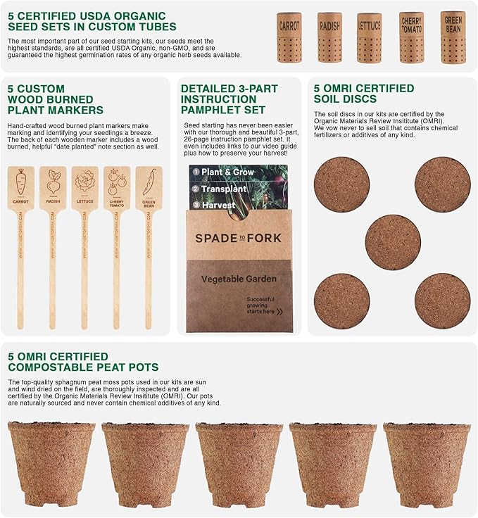 Organic Indoor Vegetable Garden Starter Kit - Made in USA - Certified USDA Organic - 5 Seed Types Cherry Tomato, Lettuce, Carrot, Radish, Green Bean | Indoor Plant Seeds, Indoor Garden Kit, Plant Kit