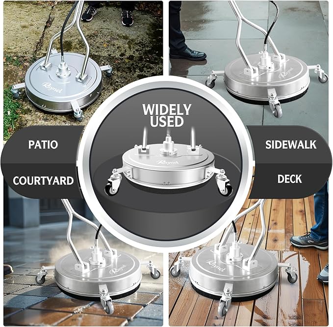 RAYNEL 20'' Pressure Washer Surface Cleaner with 4 Wheels, Dual Handle, Stainless Steel Housing, 2 Hose Adapters, 4 Replacement Nozzles