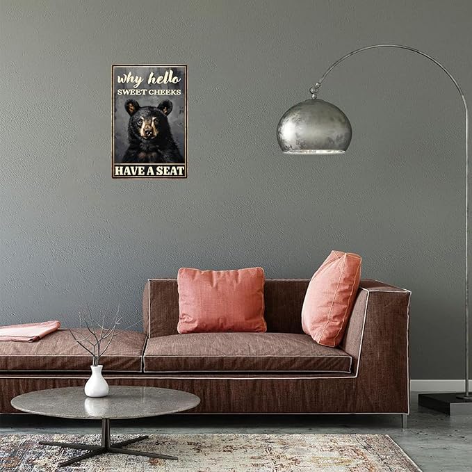 Metal Signs Why Hello Sweet Cheeks Have A Seat Black Bear Vintage Tin Sign for Home Office Kitchen Bar Cafe Garden Wall Decor 12x8 Inch