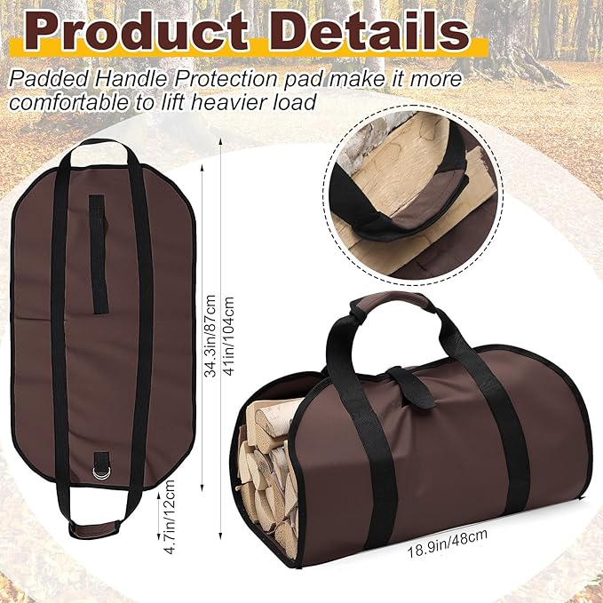 2 Pcs Canvas Firewood Carrier Bag with Handles, Canvas Waxed Large Carrier Logs Tote Indoor Carrying Bag Wood Storage Carriers for Fireplace Cabin Camping Outdoor, Dark Brown
