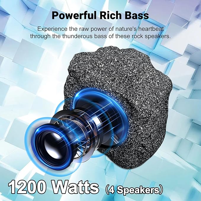 Herdio 8" Outdoor Rock Bluetooth Speakers IPX7 Waterproof Wired Max Power 1200 Watt All Weather for Deck Pool Backyard Patio Garden (2 Pair Black)