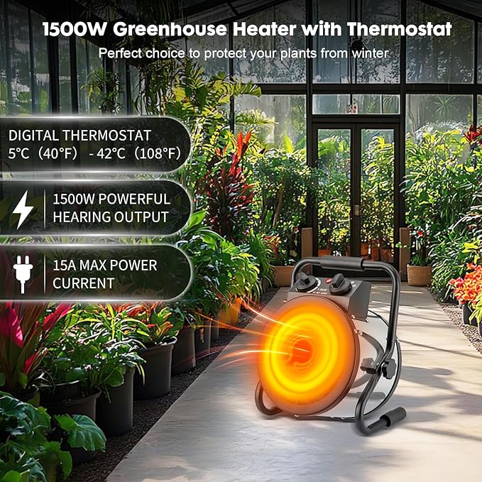 Greenhouse Heater with Digtal Thermostat, 1500W Electric Greenhouse Heaters, Fast Heating with Overheat Protection, Grow Tent Heater for Green House, Outdoor, Patio, Flower Room, Sliver