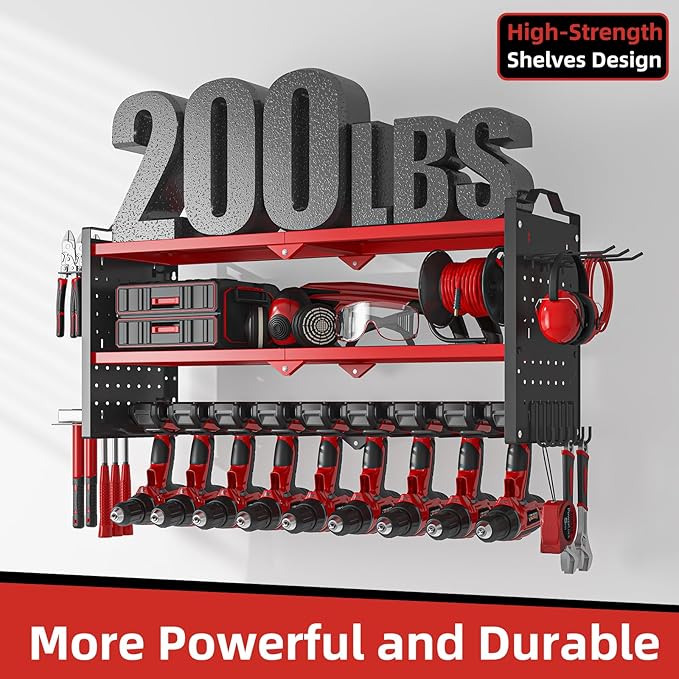 Power Tool Organizer Wall Mount with 9 Drill Holder, Cordless Tool Organizer and Storage Rack, Garage Heavy Duty Metal Shelf Organization for Battery, Tool Box, Hammer, Screwdriver（Red）