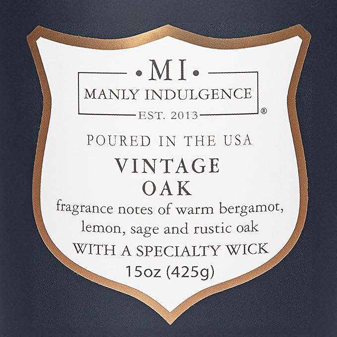 Manly Indulgence Vintage Oak Scented Candles for Men, 15 oz Wooden Wick, Premium Soy Blend Wax, 60H Burn, Candles for Home Scented - Made in The USA
