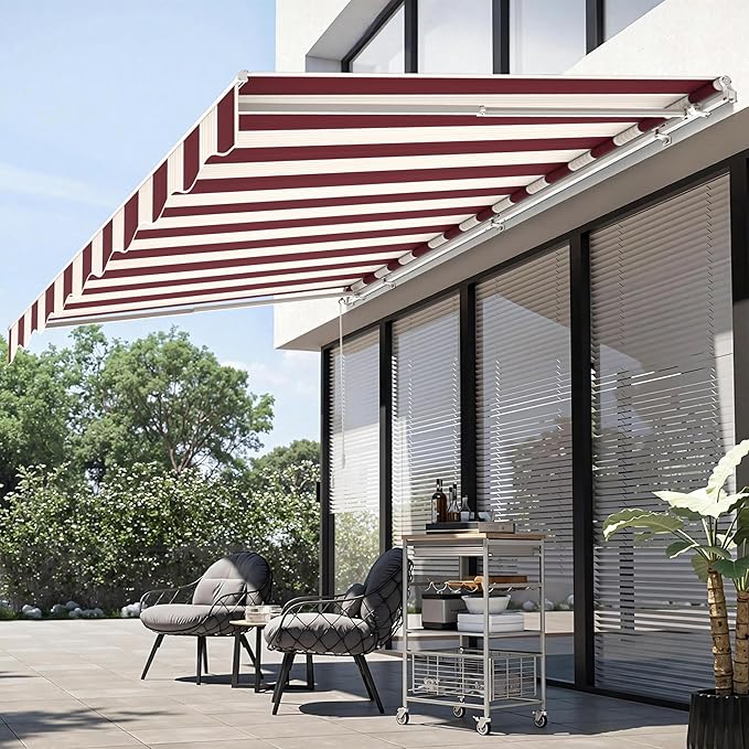 MCombo 11.5x9.5 Feet Manual Retractable Patio Door Window Awning Sunshade Shelter Outdoor Canopy,1210 (Brick Red with Beige Stripes, 11.5'(L) x 9.5'(W))