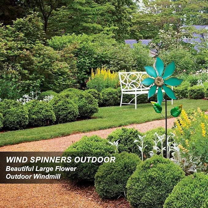 Metal Wind Spinners for Outdoor Decor - 35inch Tall Kinetic Wind Sculptures with 10inch Diameter, Durable Yard Art for Garden, Patio, Lawn - Weather-Resistant Garden Pinwheels in Vibrant Cyan