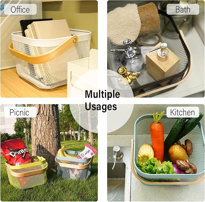 Metal Mesh Steel Harvest Basket, Square Wire Garden Basket with Handle – Multi-Functional Storage Organizer for Gathering Vegetables, Fruits, Kitchen, Garden, Picnic & Cabinet (Aqua)