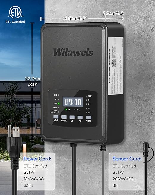 200W Low Voltage Landscape Transformer, Weatherproof Outdoor Low Voltage Transformer, 120V AC to 12/14V AC, Landscape Lighting Transformer with Timer and Photocell Sensor, ETL Listed D11LT06