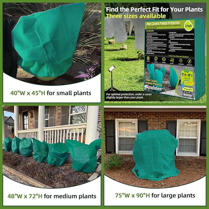 2 Pack Plant Covers Freeze Protection, 75"W x 90"H Winter Frost Blanket 2.36 oz/yd² Fabric Frost Cloth Tree Covers Shrub Jacket Bag with Zipper & Drawstring for Plants Fruit Tree Shrub Potted - Green
