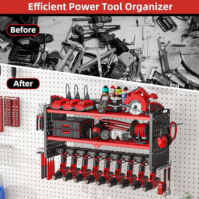 Power Tool Organizer Wall Mount with 9 Drill Holder, Cordless Tool Organizer and Storage Rack, Garage Heavy Duty Metal Shelf Organization for Battery, Tool Box, Hammer, Screwdriver（Red）