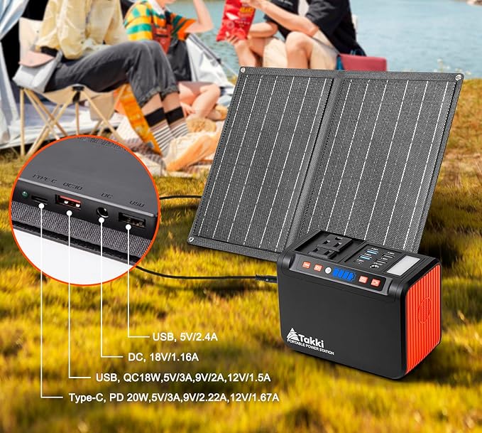 Takki 111Wh Solar Generator Portable Power Station with Panels 21W Included, 120W Peak Camping Solar Charger System Power Bank AC DC USB Ports for Camping Emergency Outdoor