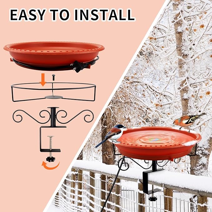 Lovppy Heated Bird Baths for Outdoors for Winter, 100W Heated Bird Bath Water Heater with Thermostatically Controlled, Heated Bird Bath for Deck Railing Outside Garden Patio Yard (Brown)