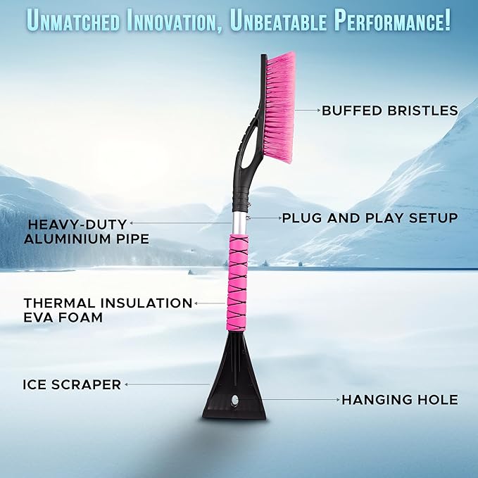 EcoNour 27" Aluminum Snow Brush 4 Pack with Ice Scrapers for Car Windshield and Window | Car Snow Scraper and Brush with Ergonomic Foam Grip Winter Accessories (Orange, Pink, Green, Blue)